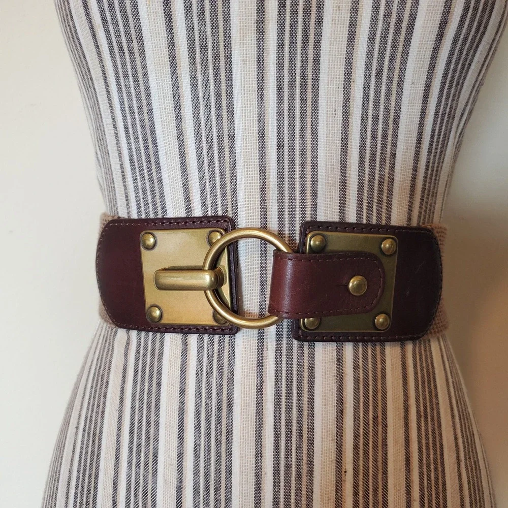 Brown‎ Leather Woven Elastic Cinch Waist Belt Brass Ring Toggle sz Small
